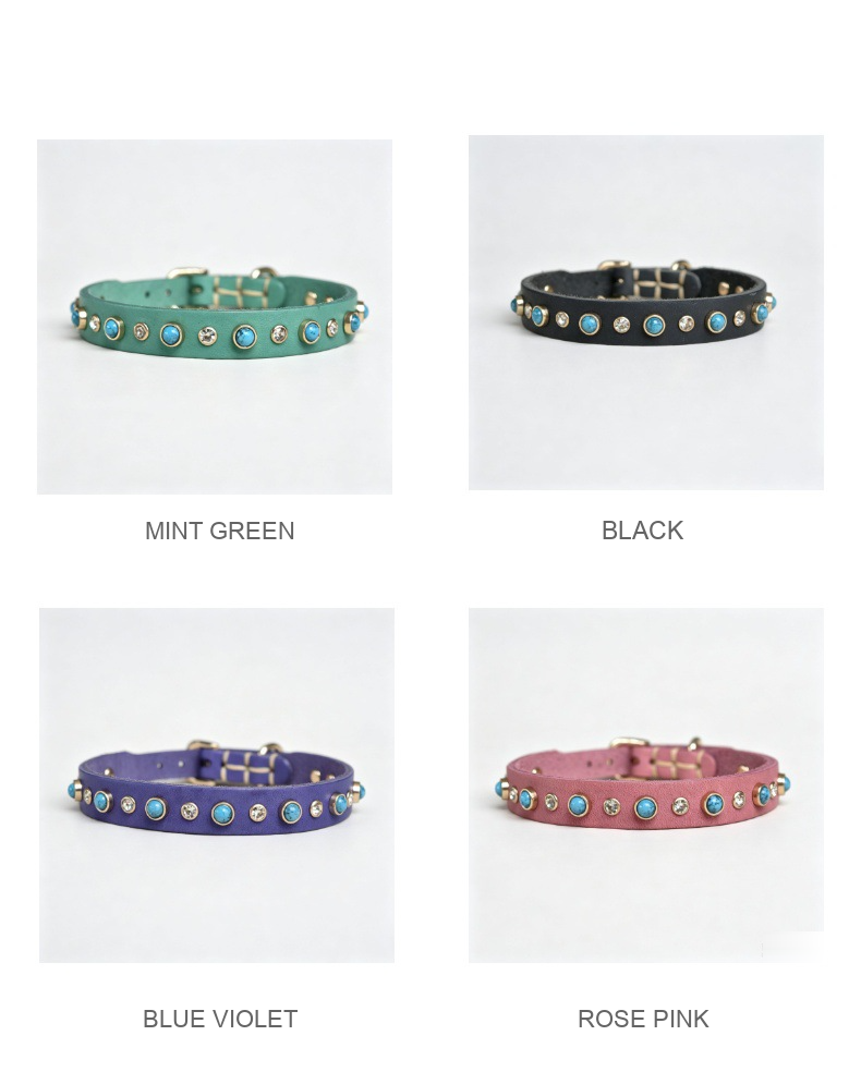 Genuine Leather Turquoise & Crystal Pet Collar – Small Dog & Cat Collar