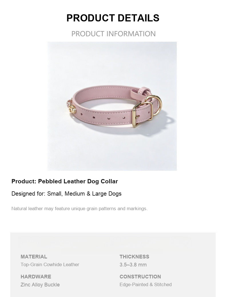Genuine Leather Dog Collar – Lychee-Grain Adjustable Collar for Small & Medium Dogs
